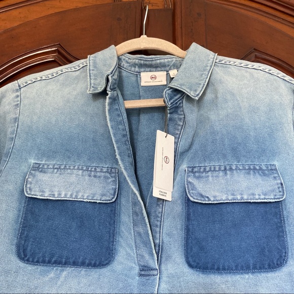 NWT Adriano Goldshmeid Peter Top in Sunwashed Patched Denim Polo - Picture 4 of 11